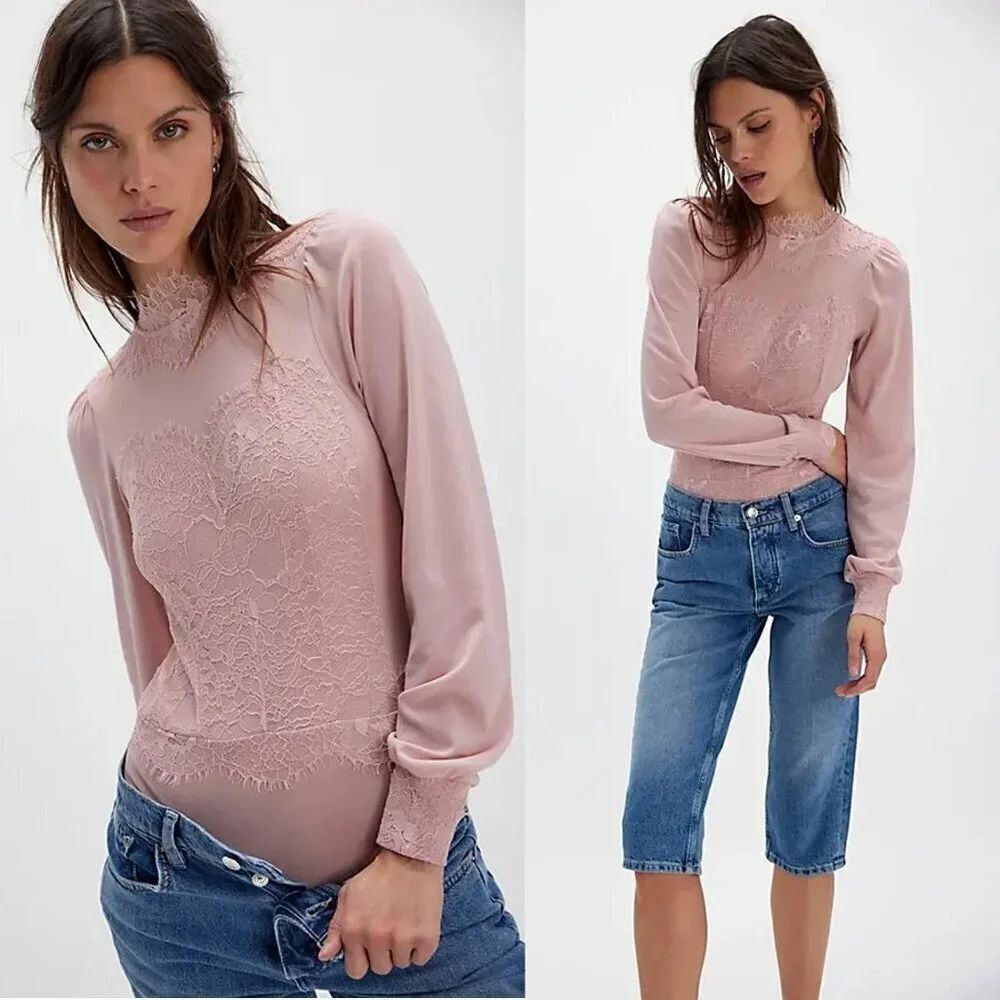 New Free People Sweet Nothings Long Sleeve Peachskin Bodysuit Size XS